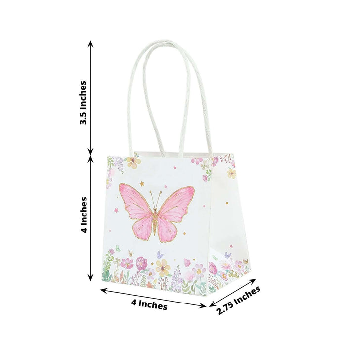 Pink butterfly gift bag with floral design, dimensions 4x4x2.75 inches.