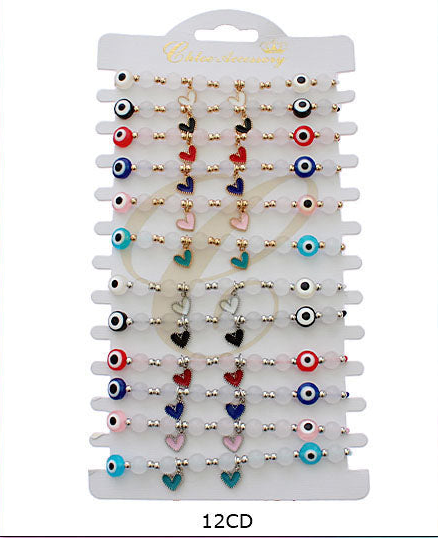 12pc Adjustable Evil Eye & Heart Charm Bracelet Set – Protective Nazar Beads with Frosted Stones & Macrame Cord (RBT-2221R)