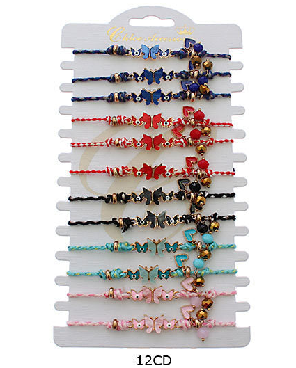 12pc Butterfly Evil Eye Charm Bracelet Set – Adjustable Braided Cord Protection Jewelry for Women & Girls (RBT-2223R)