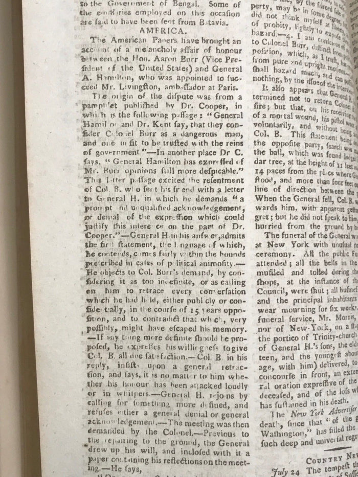 1804 GENTLEMAN'S MAGAZINE - ORIGINAL ARTICLE, AARON BURR SHOOTING HAMILTON