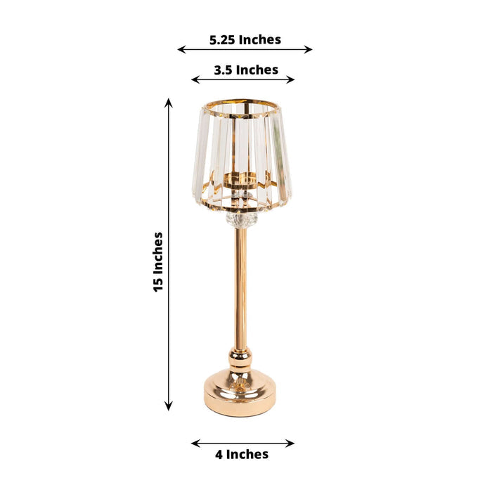 Gold and crystal table lamp with measurements: 15 inches tall, 5.25 inches wide.