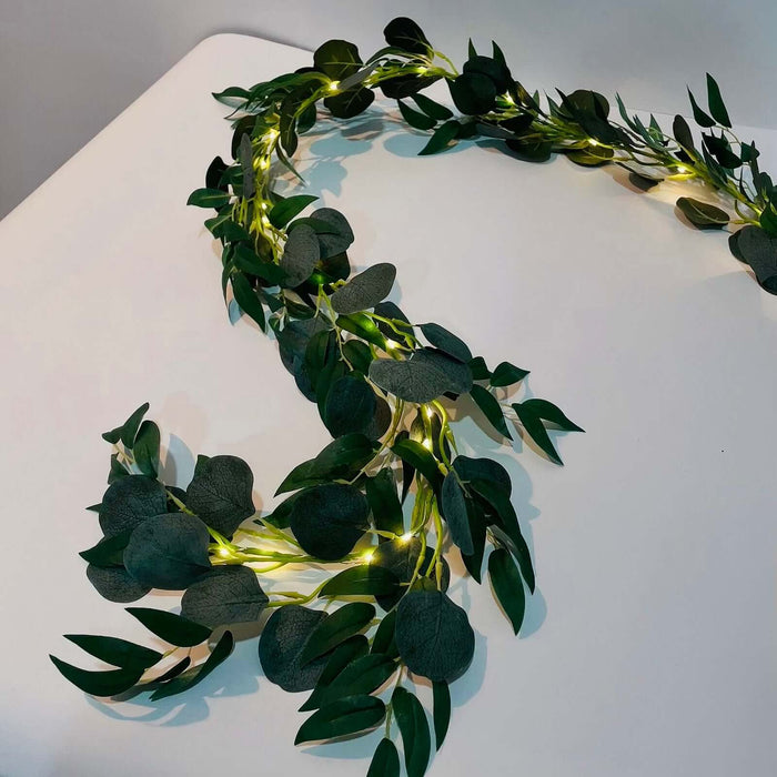 Eucalyptus garland with fairy lights on a plain background