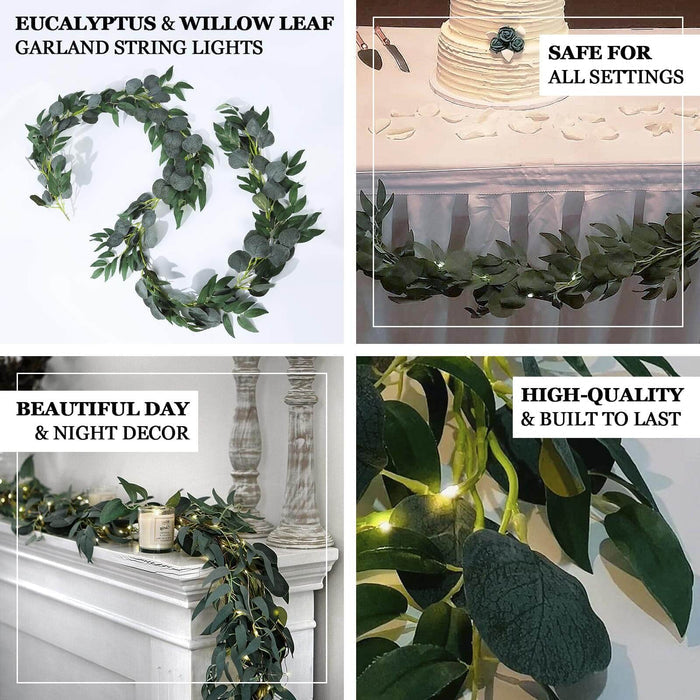 Eucalyptus and willow leaf garland string lights for versatile decor.