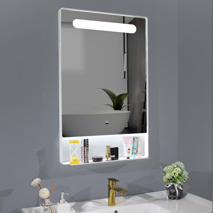Framed LED bathroom mirror with storage shelf and motion sensor, 22x34