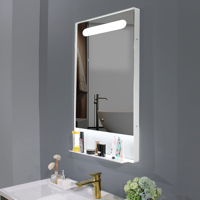 Framed LED bathroom mirror with storage shelf and motion sensor, 22x34