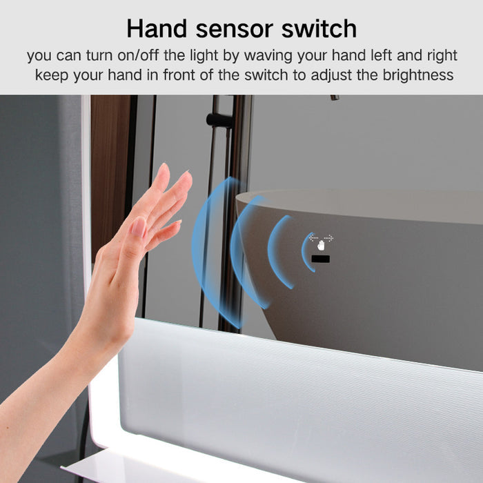 Framed LED bathroom mirror with storage shelf and motion sensor, 22x34