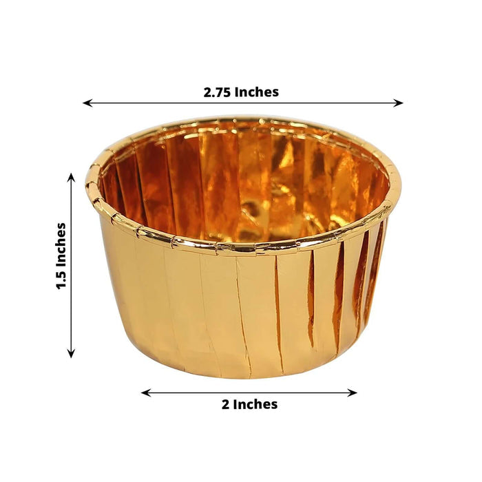 Gold foil baking cup, 2.75 inches wide and 1.5 inches tall.