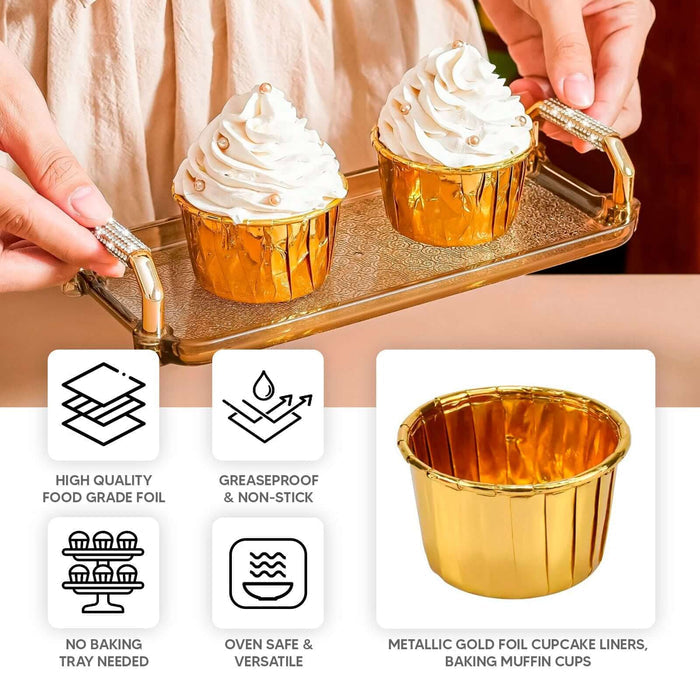 Metallic gold foil cupcake liners with a stylish tray, ideal for baking and serving.