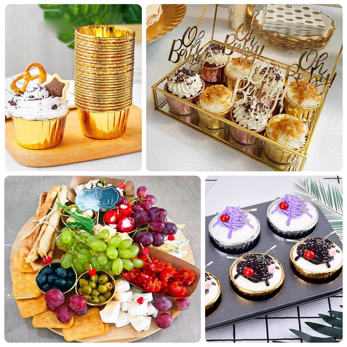 Assorted dessert displays including cupcakes and snack platters.