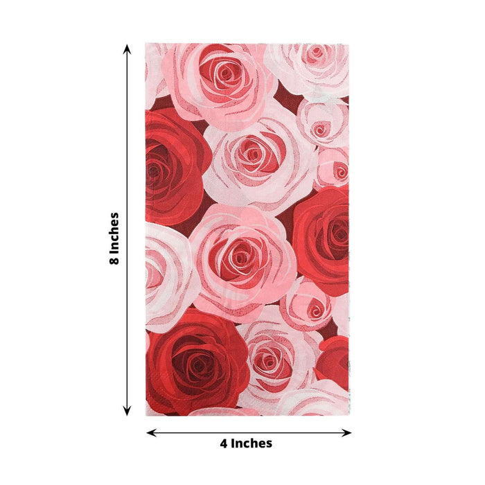 Pink and red rose-patterned fabric swatch, 8x4 inches.