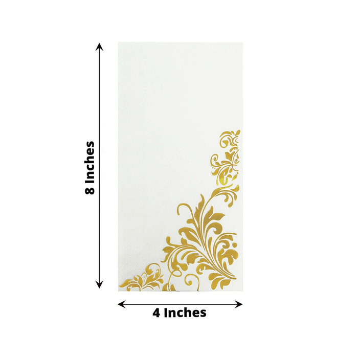 Gold floral design paper napkin, 8x4 inches, on a plain white background.