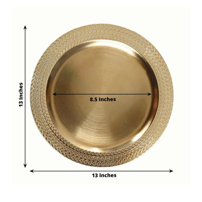 Gold decorative plate with intricate detailing, 13 inches in diameter.