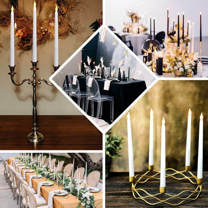 Elegant candle holders in various settings for stylish table decor.