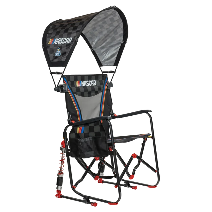 NASCAR Bundle featuring Adjustable Rocker camping chair with black checkered racing design and included SunShade Accessory canopy.