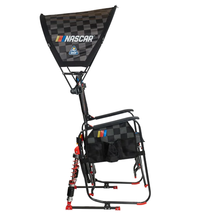 Side angle of NASCAR Bundle featuring Adjustable Rocker camping chair with black checkered racing design and SunShade Accessory canopy.