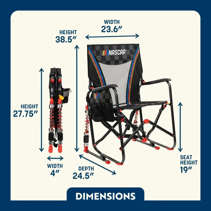 Camping chair with dimensions labeled on a blue and white background.