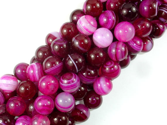 Banded Agate Beads, Striped Agate, Fuchsia, 10mm Round Beads-BeadBasic