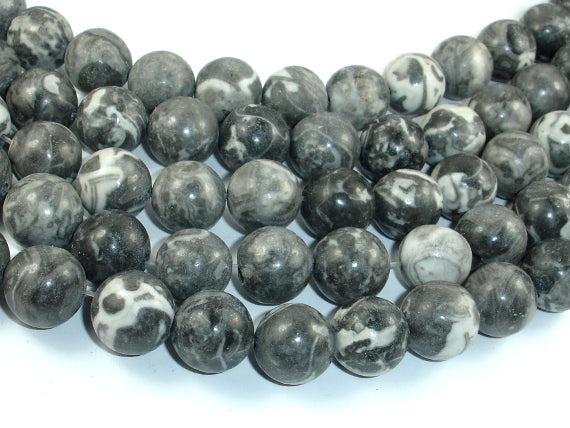 Black Fossil Jasper Beads, 14mm Round Beads, 15.5 Inch