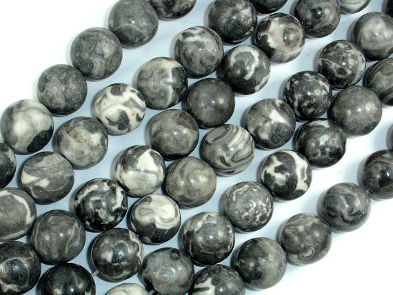 Black Fossil Jasper Beads, 14mm Round Beads, 15.5 Inch