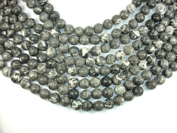 Black Fossil Jasper Beads, 14mm Round Beads, 15.5 Inch