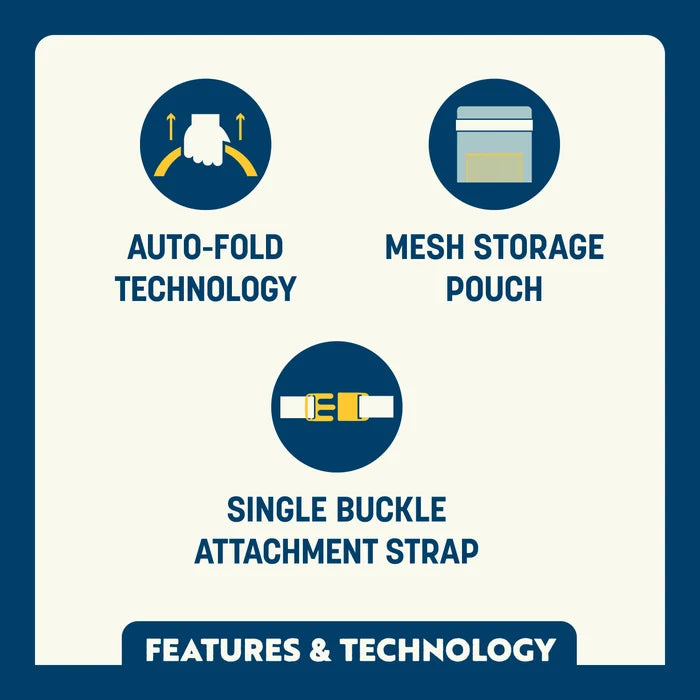 Feature callout for the BleacherBack seat showing auto-fold technology, mesh storage pouch, and single buckle attachment strap.