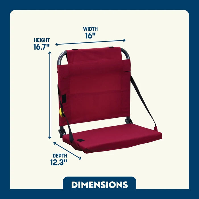 Dimension overview of the BleacherBack, with labeled width, height, and seat depth shown on a lightweight stadium-style seat.