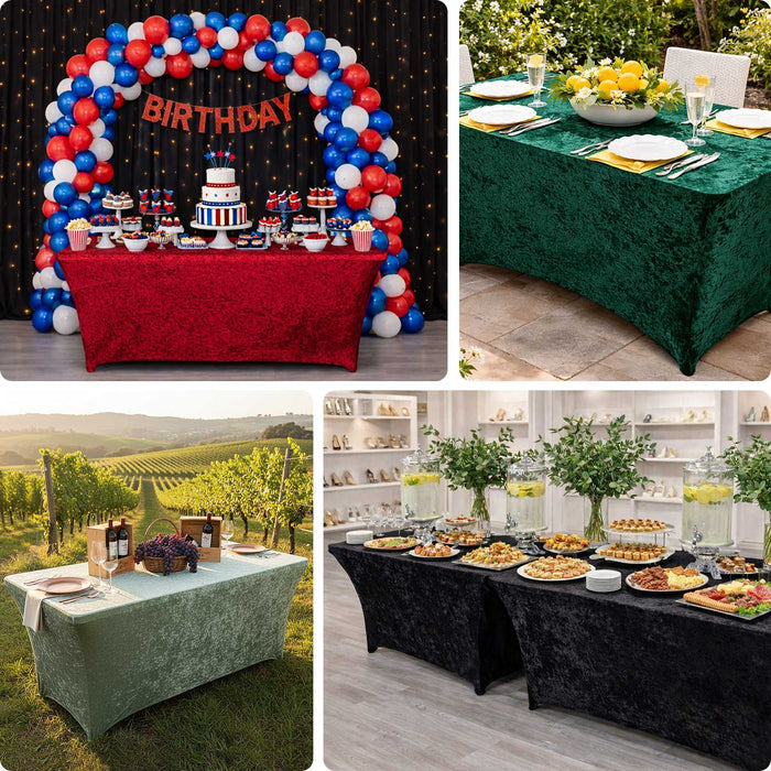 Decorative tablecloths for party setups in various colors and styles.