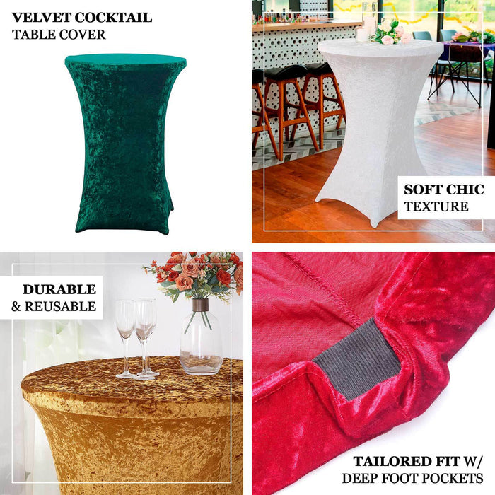 Velvet cocktail table covers in green, white, and red with tailored fit and soft texture.
