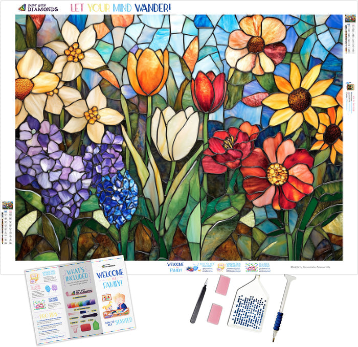 Garden With Spring Tulips, Daffodils, and Lilacs