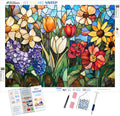 Garden With Spring Tulips, Daffodils, and Lilacs