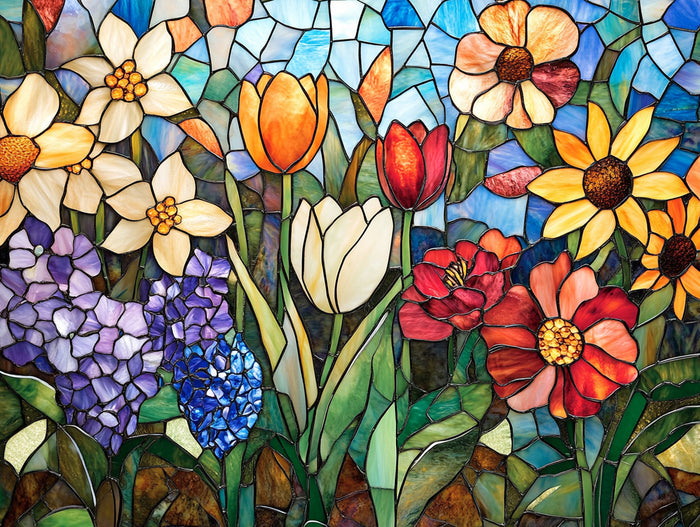Garden With Spring Tulips, Daffodils, and Lilacs