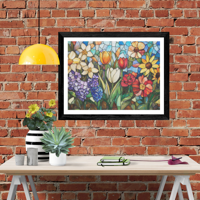 Garden With Spring Tulips, Daffodils, and Lilacs