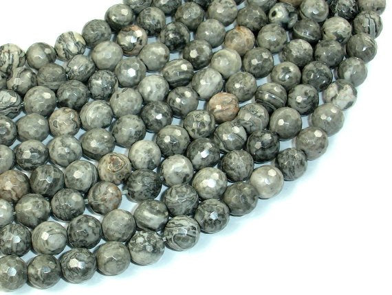 Gray Picture Jasper Beads, 8mm Faceted Round Beads-BeadBasic