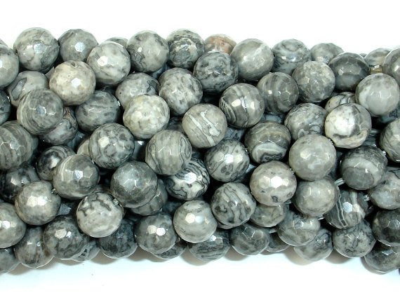 Gray Picture Jasper Beads, 8mm Faceted Round Beads-BeadBasic