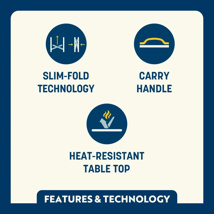 Feature callout for the Master Cook Station showing slim-fold technology, carry handle, and heat-resistant table top design.