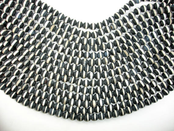 Matte Black Onyx Beads, with White Line, 8mm Round Beads-BeadBasic
