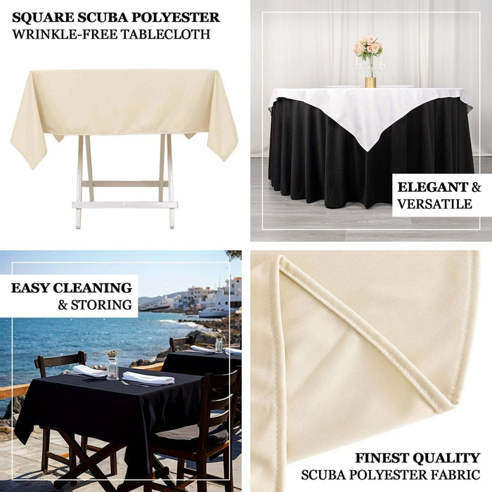 Elegant square scuba polyester tablecloth in beige and black, ideal for any occasion.