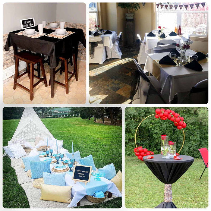 Event setup featuring tables, chairs, and decor in various settings.