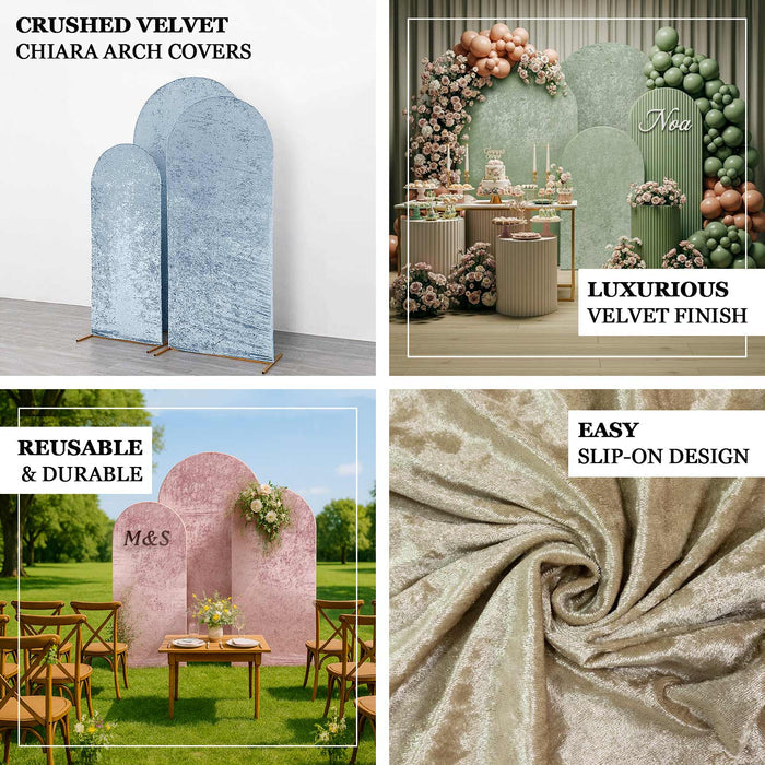 Velvet chiara arch covers in various colors, showcasing luxurious textures and designs.