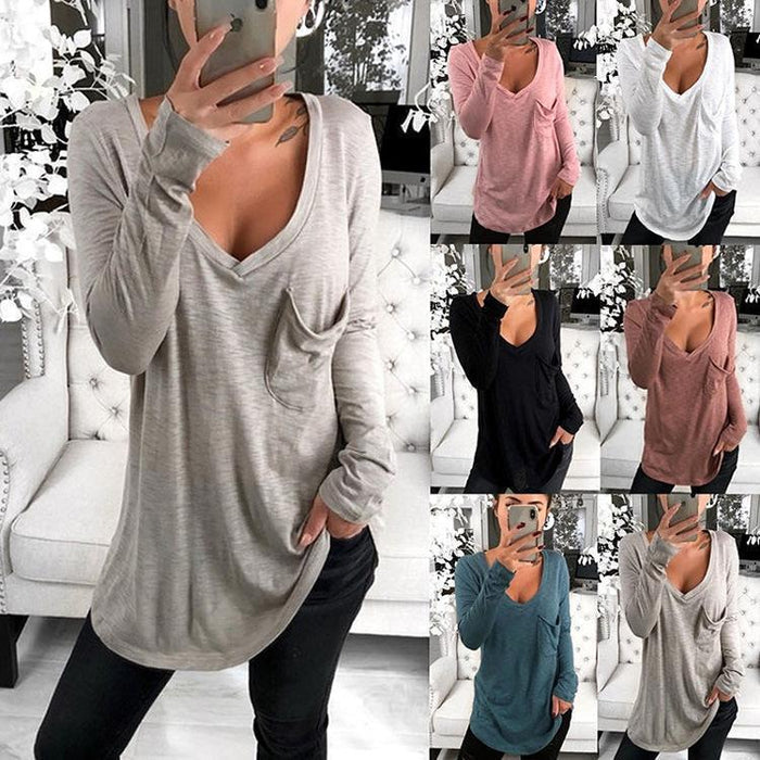 Sexy V-neck Loose Pocket Long Sleeved T Shirt
