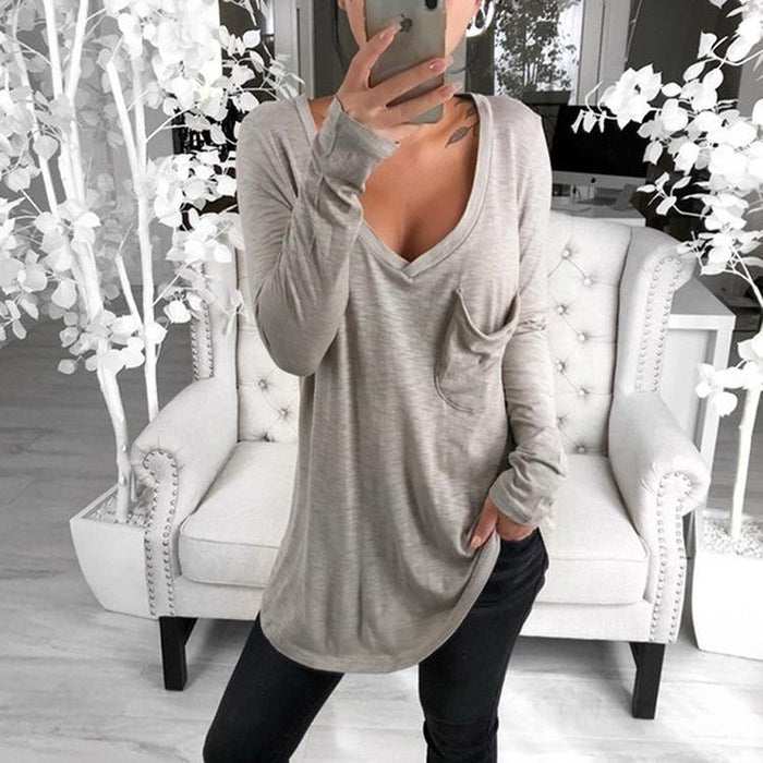 Sexy V-neck Loose Pocket Long Sleeved T Shirt