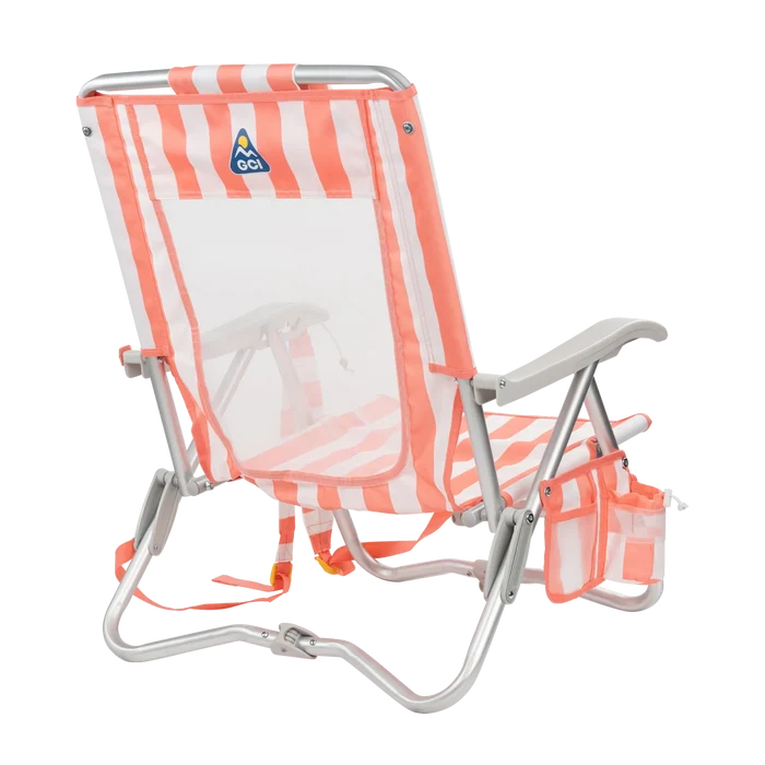 Back right angle of the SideKick lounger in coral stripes.