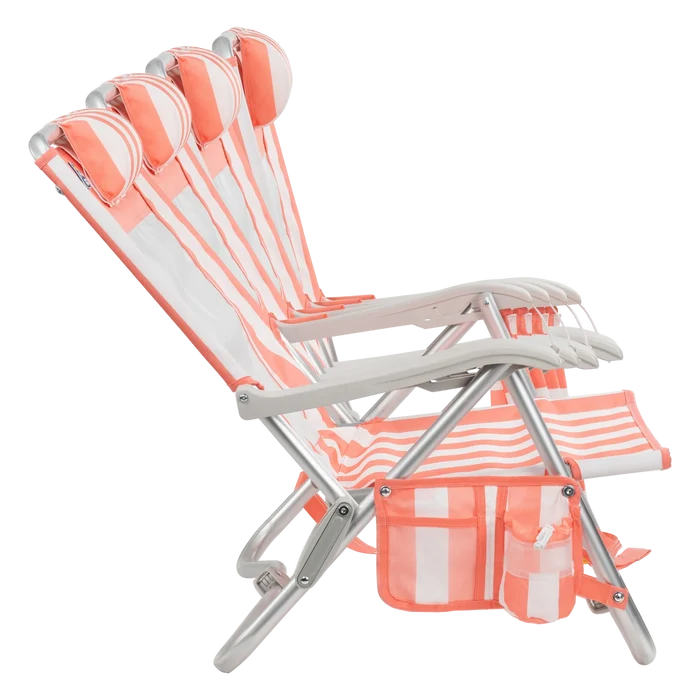 Side view of the recline positions on the SideKick lounger in coral stripes.
