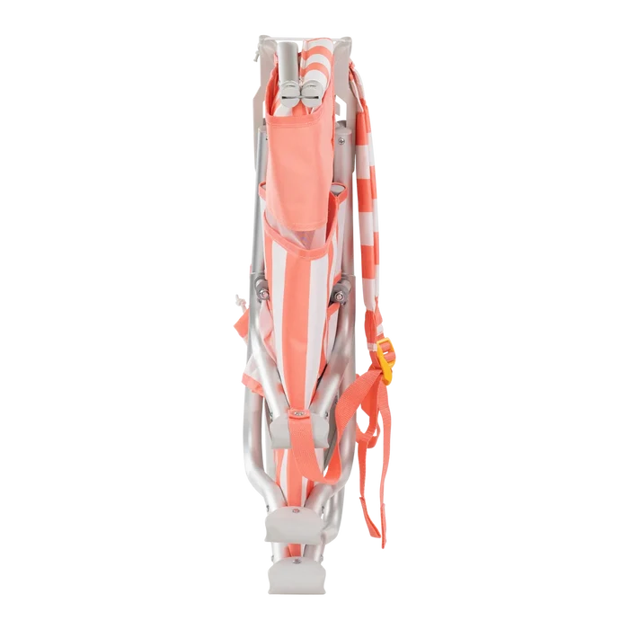Front view of the folded SideKick lounger in coral stripes.