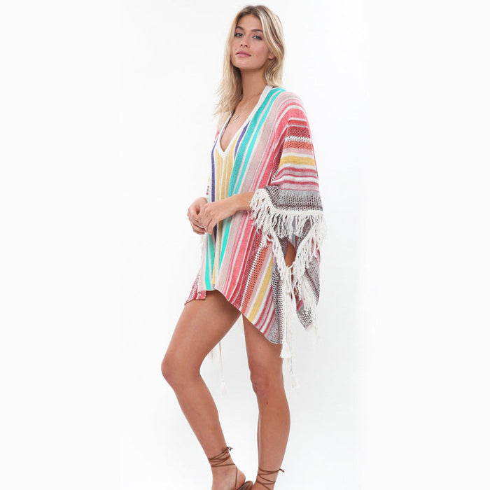 Sunscreen Beach  Women's Knitting Multi-color Tassel Beach Holiday Bikini Swimsuit Cover Up