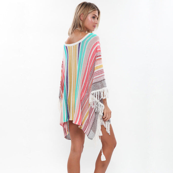 Sunscreen Beach  Women's Knitting Multi-color Tassel Beach Holiday Bikini Swimsuit Cover Up
