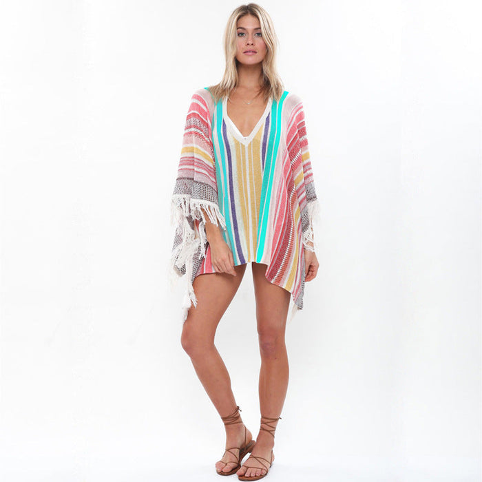 Sunscreen Beach  Women's Knitting Multi-color Tassel Beach Holiday Bikini Swimsuit Cover Up