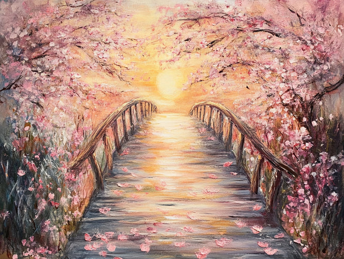 Sunset Over a Cherry Blossom Bridge