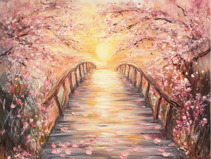Sunset Over a Cherry Blossom Bridge