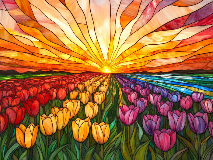 Sunset Over a Tulip Field